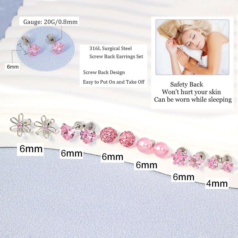DALI 12 Pairs Toddler Earrings,Hypoallergenic Titanium Screw Back Earrings for Girls Women,Surgical Stainless Steel Cute Flower Pearl Star Cubic Zirconia Flat Back Stud Earrings for Sensitive Ears - Image 2